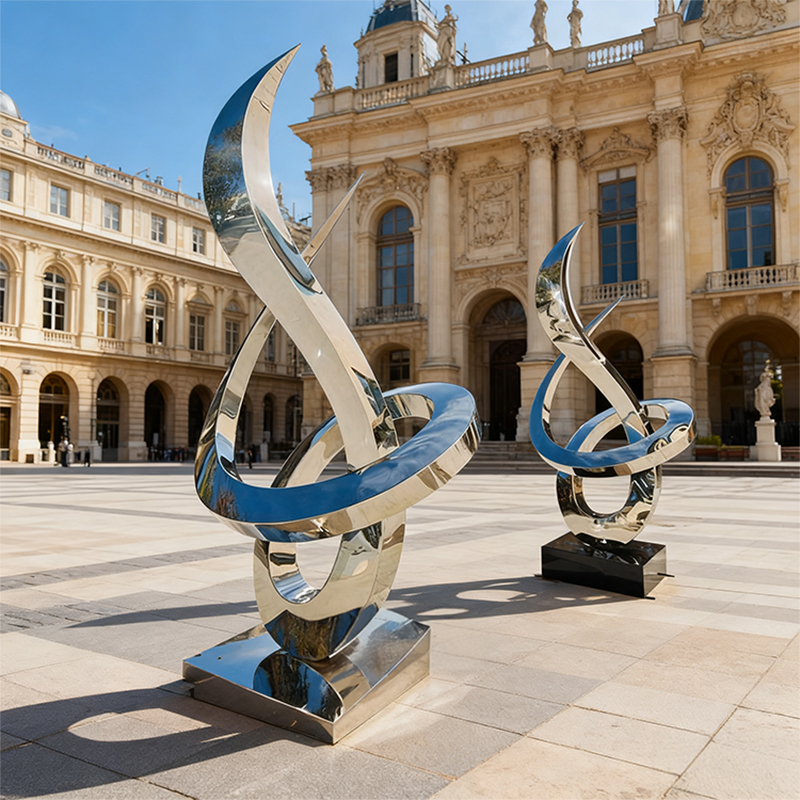 Scultura in metallo aerodinamico blu e argento