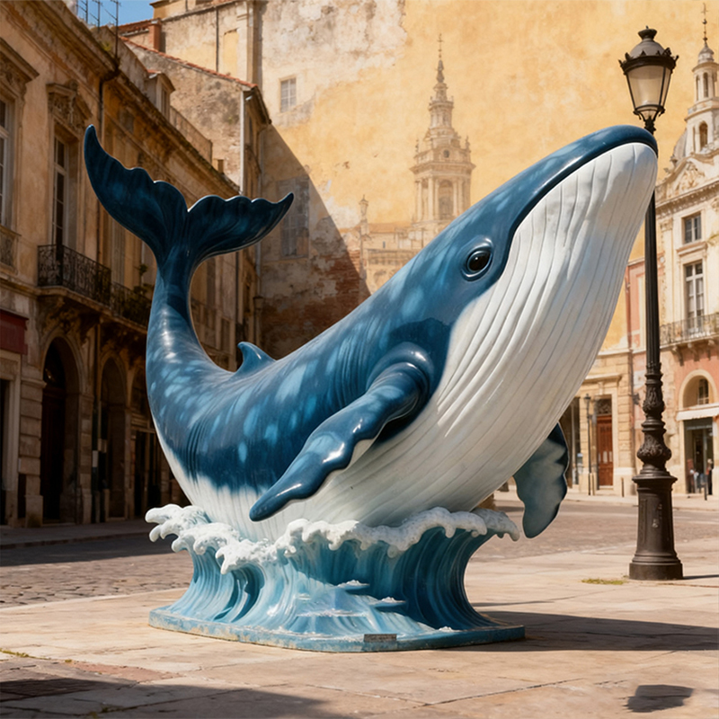 Scultura di balena blu in fibra di vetro
