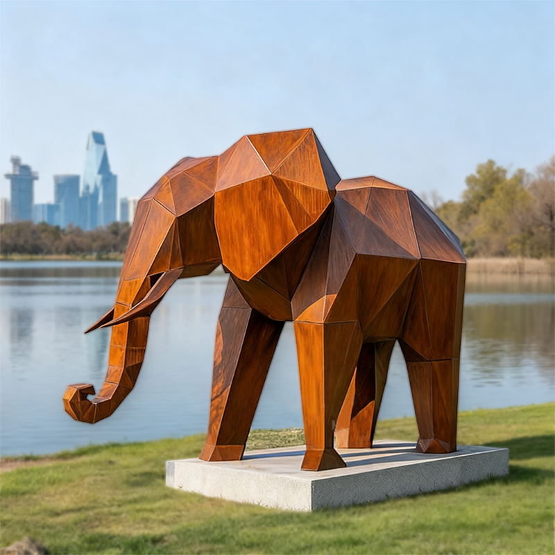 Scultura animale elefante geometrico sfaccettato in acciaio resistente agli agenti atmosferici