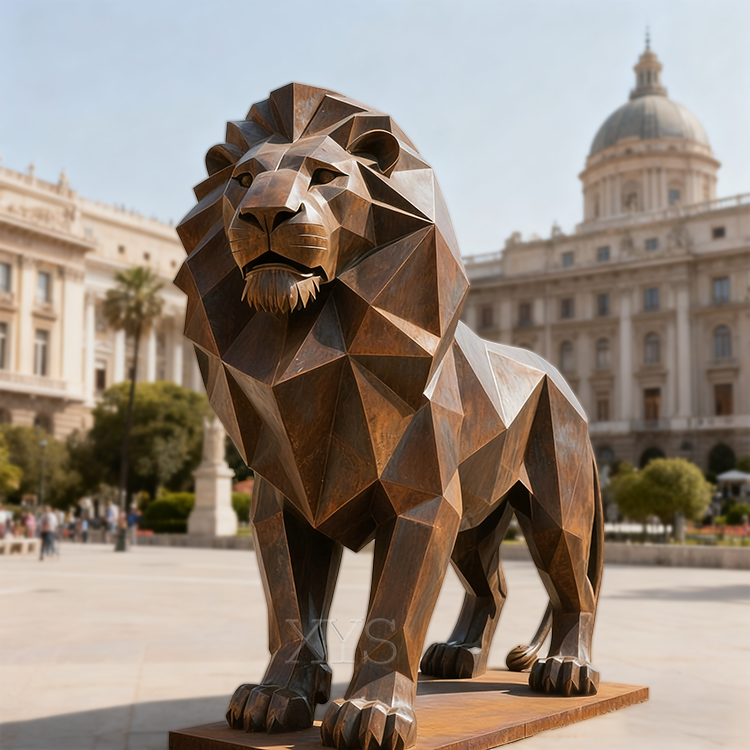 Scultura animale leone geometrico sfaccettato in acciaio resistente agli agenti atmosferici