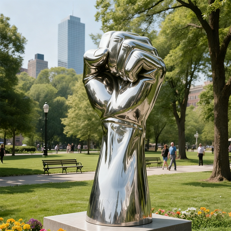 Scultura in acciaio inossidabile a specchio Iron Fist United