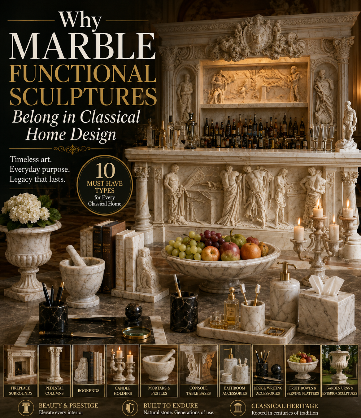 Quali sculture funzionali in marmo sono essenziali per un interno di casa classica?