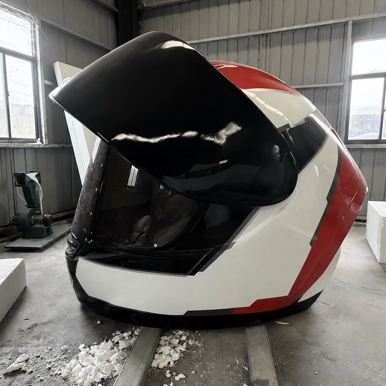 Come viene realizzata la scultura gigante di un casco da motociclista in resina e chi la realizza su larga scala?